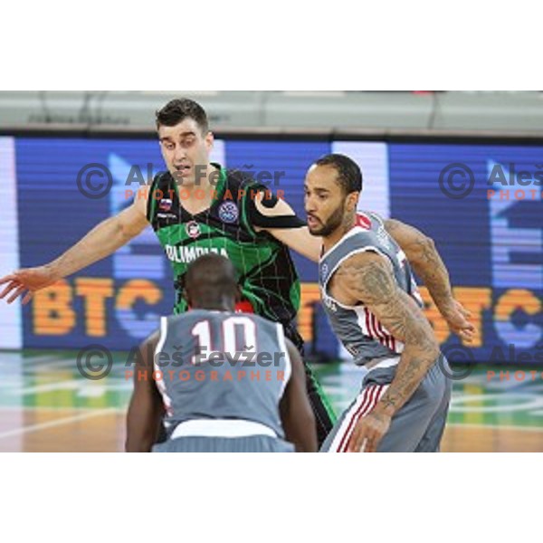 Drazen Bubnic of Petrol Olimpija and Zach Wright in action during FIBA Champions League basketball match between Petrol Olimpija and Sig Strasbourg in Stozice Hall, Ljubljana on December 12, 2017