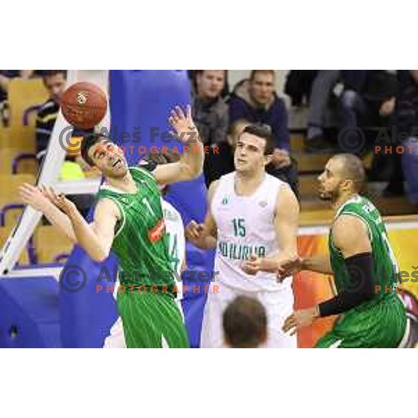 Drazen Bubnic, Ljubomir Mladenovski and Jordan Morgan in action during Nova KBM league basketball match between Ilirija and Petrol Olimpija in Tivoli Hall, Ljubljana, Slovenia on December 17, 2017