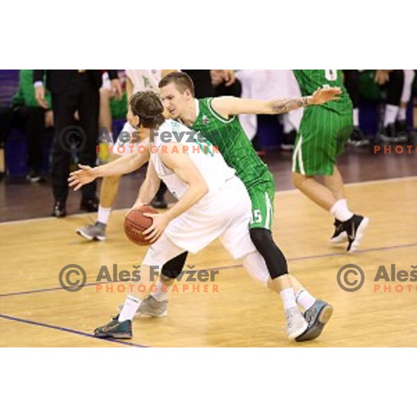 Gregor Hrovat of Petrol Olimpija and Luka Voncina of Ilirija in action during Nova KBM league basketball match between Ilirija and Petrol Olimpija in Tivoli Hall, Ljubljana, Slovenia on December 17, 2017