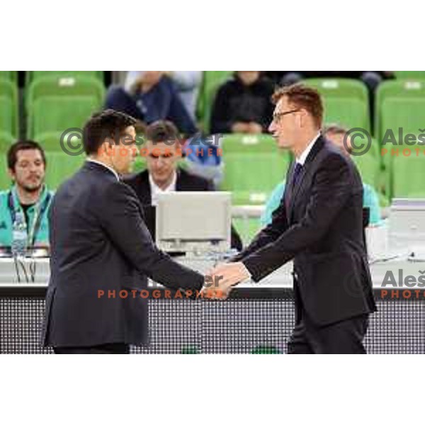 Saso Filipovski, head coach of Banvit Bandirma and Gasper Okorn during FIBA Champions League basketball match between Petrol Olimpija and Banvit Bandirma in Stozice Hall, Ljubljana on December 19, 2017