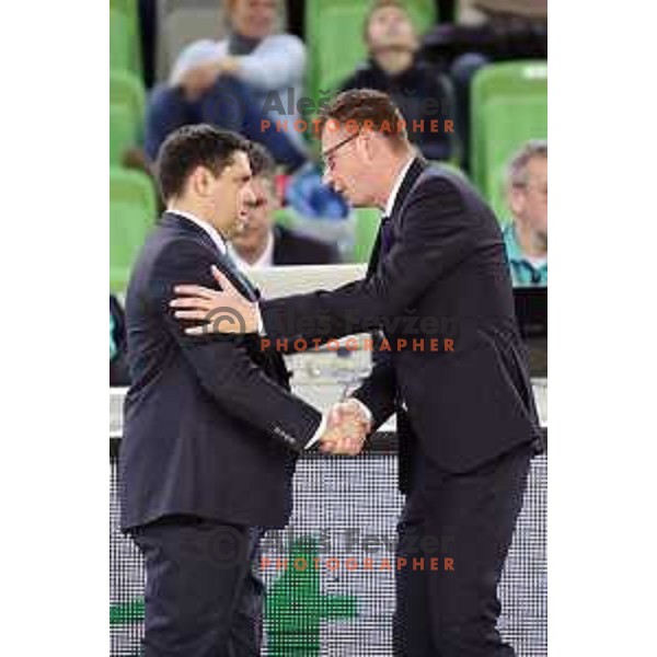 Saso Filipovski, head coach of Banvit Bandirma and Gasper Okorn during FIBA Champions League basketball match between Petrol Olimpija and Banvit Bandirma in Stozice Hall, Ljubljana on December 19, 2017