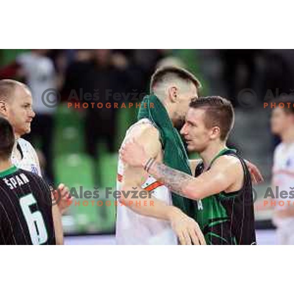 Gasper Vidmar of Banvit Bandirma and Gregor Hrovat during FIBA Champions League basketball match between Petrol Olimpija and Banvit Bandirma in Stozice Hall, Ljubljana on December 19, 2017