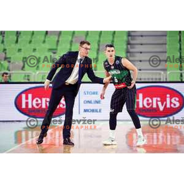 Gasper okorn and Jan Span of Petrol Olimpija in action during FIBA Champions League basketball match between Petrol Olimpija and Banvit Bandirma in Stozice Hall, Ljubljana on December 19, 2017
