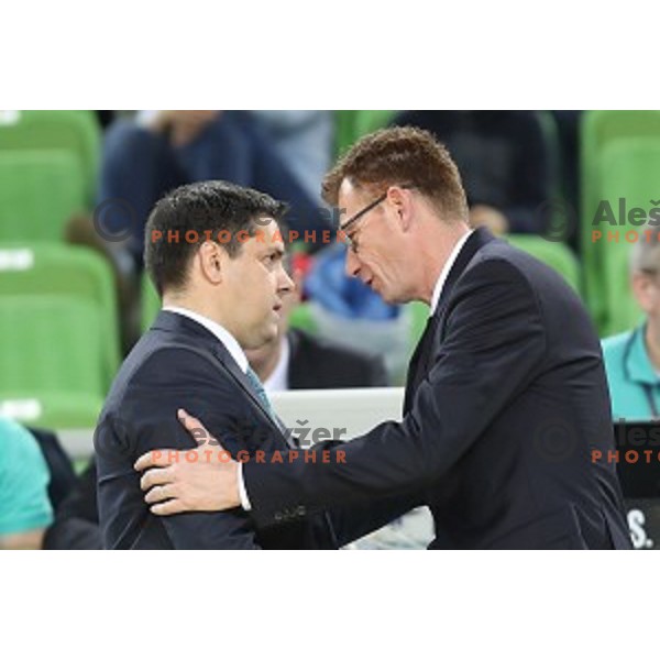Saso Filipovski, head coach of Banvit Bandirma and Gasper Okorn during FIBA Champions League basketball match between Petrol Olimpija and Banvit Bandirma in Stozice Hall, Ljubljana on December 19, 2017