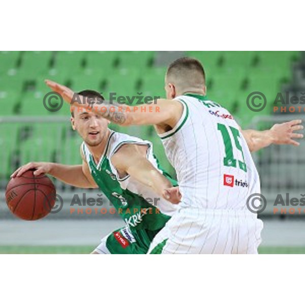Domen Bratoz in action during Nova KBM league basketball match between Petrol Olimpija and Krka in SRC Stozice, Ljubljana, Slovenia on December 21, 2017