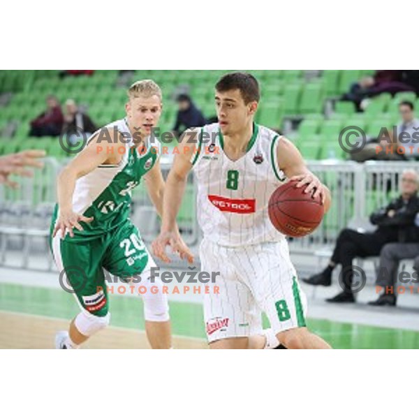 Maj Kovacevic and Roko Badzim in action during Nova KBM league basketball match between Petrol Olimpija and Krka in SRC Stozice, Ljubljana, Slovenia on December 21, 2017