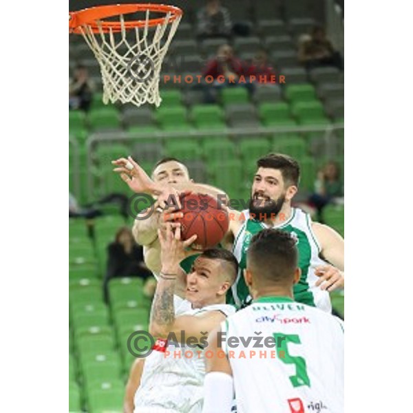 Gregor Hrovat, Ziga Dimec in action during Nova KBM league basketball match between Petrol Olimpija and Krka in SRC Stozice, Ljubljana, Slovenia on December 21, 2017