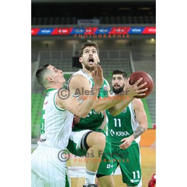 Jan Span and Paolo Marinelli of Krka in action during Nova KBM league basketball match between Petrol Olimpija and Krka in SRC Stozice, Ljubljana, Slovenia on December 21, 2017
