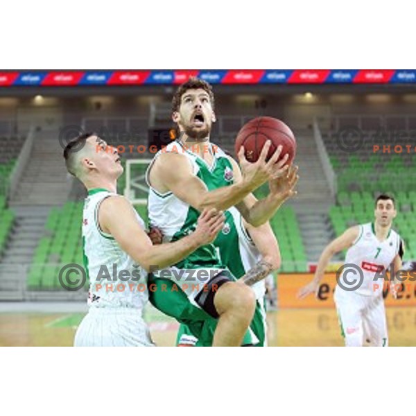 Jan Span and Paolo Marinelli of Krka in action during Nova KBM league basketball match between Petrol Olimpija and Krka in SRC Stozice, Ljubljana, Slovenia on December 21, 2017