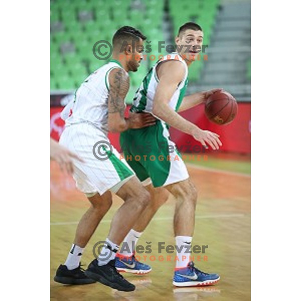 Devin Oliver and Marko Josilo in action during Nova KBM league basketball match between Petrol Olimpija and Krka in SRC Stozice, Ljubljana, Slovenia on December 21, 2017