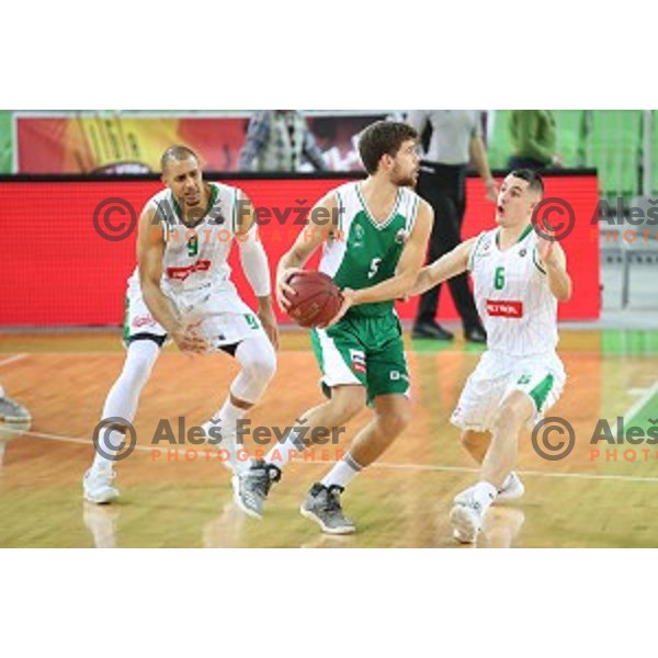 Paolo Marinelli of Krka and Jan Span in action during Nova KBM league basketball match between Petrol Olimpija and Krka in SRC Stozice, Ljubljana, Slovenia on December 21, 2017