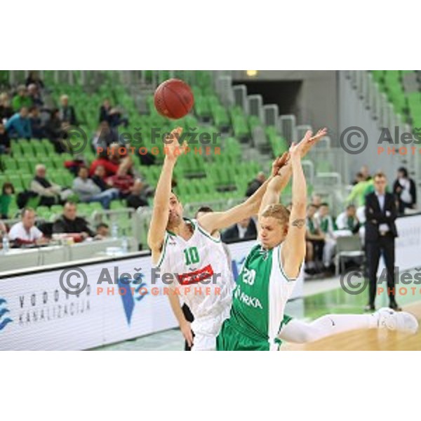 Domen Lorbek and Maj Kovacevic in action during Nova KBM league basketball match between Petrol Olimpija and Krka in SRC Stozice, Ljubljana, Slovenia on December 21, 2017