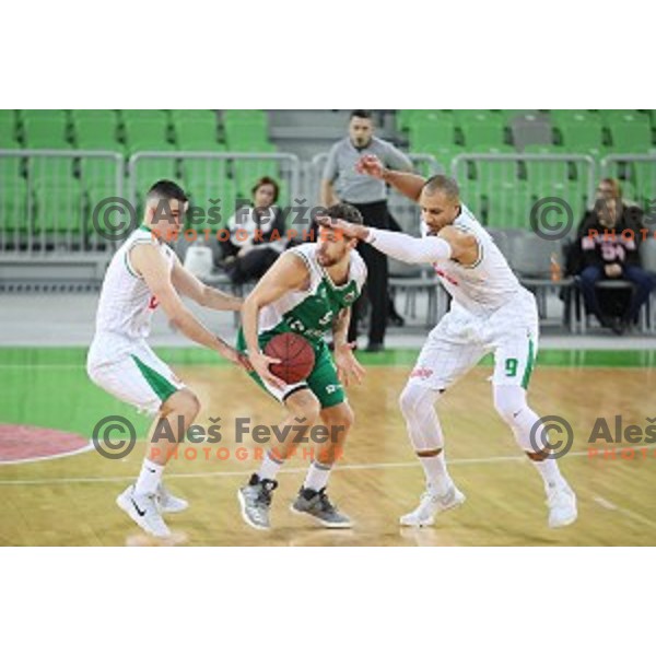 Jan Span, Paolo Marinelli of Krka and Jordan Morgan in action during Nova KBM league basketball match between Petrol Olimpija and Krka in SRC Stozice, Ljubljana, Slovenia on December 21, 2017
