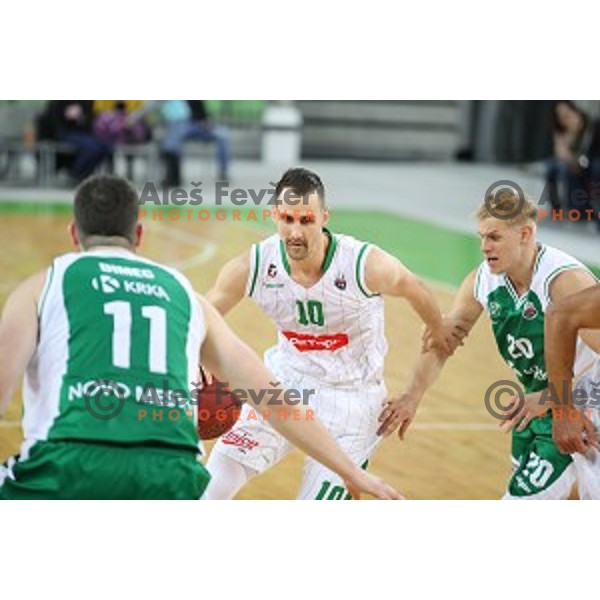 Domen Lorbek and Maj Kovacevic in action during Nova KBM league basketball match between Petrol Olimpija and Krka in SRC Stozice, Ljubljana, Slovenia on December 21, 2017