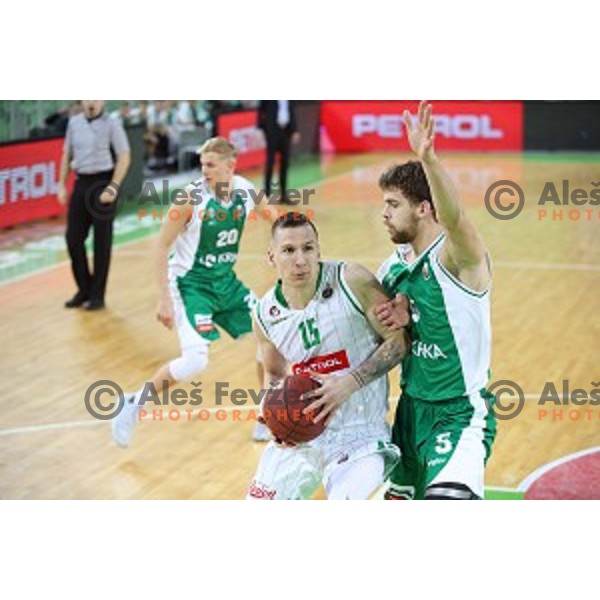 Gregor Hrovat and Paolo Marinelli of Krka in action during Nova KBM league basketball match between Petrol Olimpija and Krka in SRC Stozice, Ljubljana, Slovenia on December 21, 2017