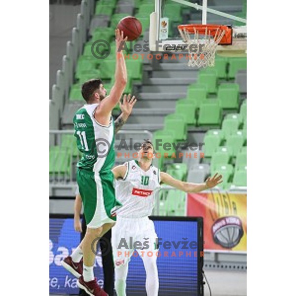 Ziga Dimec and Domen Lorbek in action during Nova KBM league basketball match between Petrol Olimpija and Krka in SRC Stozice, Ljubljana, Slovenia on December 21, 2017