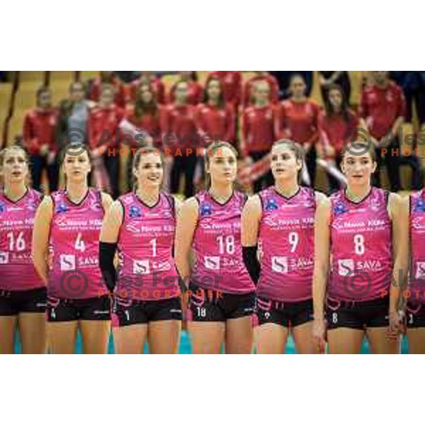 Marina Kaucic, Iza Mlakar, Ana Mojca Kranjc, Ana Marija Vovk and other players of Nova KBM Branik prior to Slovenia Cup 2017/18 volleyball match between Nova KBM Branik and Calcit Volleyball, played in VSD Hoce, Hoce, Slovenia on December 22, 2017
