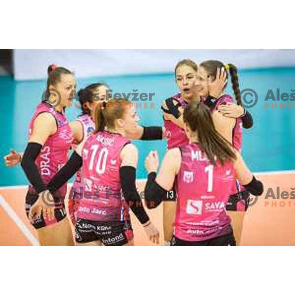 Alja Jerala, Sara Najdic, Anita Sobocan and Ela Pintar of Nova KBM Branik celebrating during Slovenia Cup 2017/18 volleyball match between Nova KBM Branik and Calcit Volleyball, played in VSD Hoce, Hoce, Slovenia on December 22, 2017