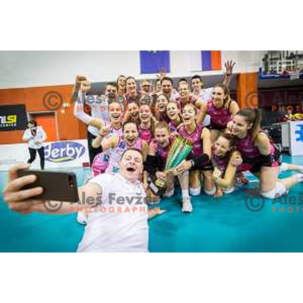Players of Nova KBM Branik celebrating after the Slovenia Cup 2017/18 volleyball match between Nova KBM Branik and Calcit Volleyball, played in VSD Hoce, Hoce, Slovenia on December 22, 2017