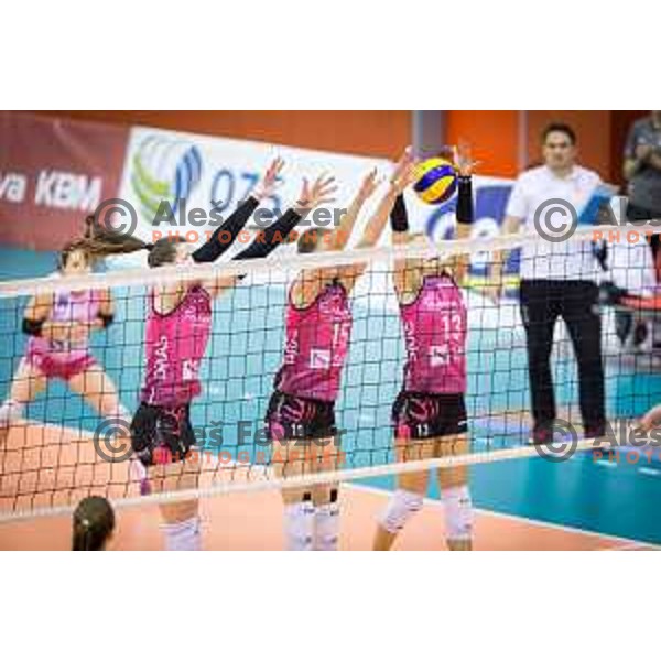 Iza Mlakar, Ela Pintar and Anita Sobocan of Nova KBM Branik in action during Slovenia Cup 2017/18 volleyball match between Nova KBM Branik and Calcit Volleyball, played in VSD Hoce, Hoce, Slovenia on December 22, 2017