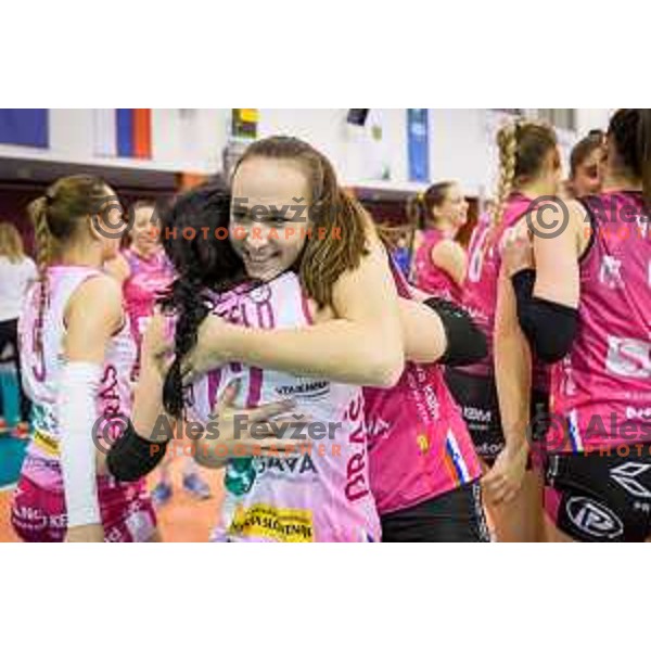 of Nova KBM Branik celebrating after the Slovenia Cup 2017/18 volleyball match between Nova KBM Branik and Calcit Volleyball, played in VSD Hoce, Hoce, Slovenia on December 22, 2017