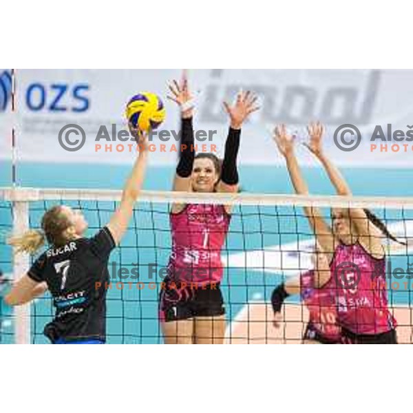 Urska Iglicar of Calcit Volleyball vs Iza Mlakar and Ela Pintar of Nova KBM Branik in action during Slovenia Cup 2017/18 volleyball match between Nova KBM Branik and Calcit Volleyball, played in VSD Hoce, Hoce, Slovenia on December 22, 2017