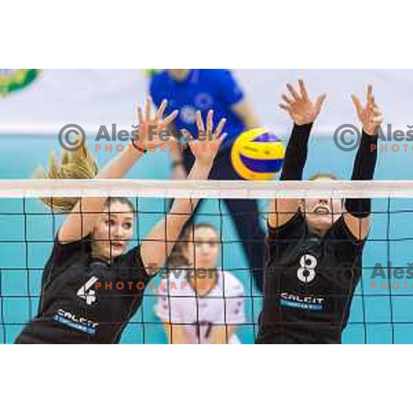 Katja Mihevc and Katja Mihalinec of Calcit Volleyball in action during Slovenia Cup 2017/18 volleyball match between Nova KBM Branik and Calcit Volleyball, played in VSD Hoce, Hoce, Slovenia on December 22, 2017