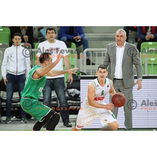 Jan Span and Jasmin Hukic, Sasa Doncic, head coach of Ilirija in action during Nova KBM league basketball match between Petrol Olimpija and Ilirija in SRC Stozice, Ljubljana, Slovenia on December 29, 2017
