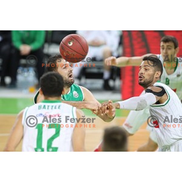 Stipe Modric and Devin Oliver in action during Nova KBM league basketball match between Petrol Olimpija and Ilirija in SRC Stozice, Ljubljana, Slovenia on December 29, 2017