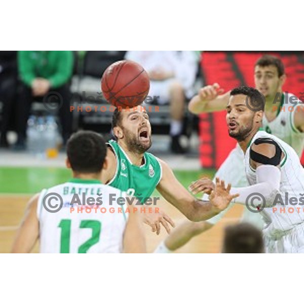 Stipe Modric and Devin Oliver in action during Nova KBM league basketball match between Petrol Olimpija and Ilirija in SRC Stozice, Ljubljana, Slovenia on December 29, 2017