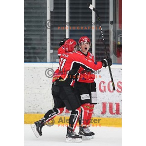 Luka Kalan and Jaka Sodja of SIJ Acroni Jesenice during Alps League ice-hockey match between SIJ Acroni Jesenice and SZ Olimpija in Podmezakla Hall, Jesenice, Slovenia on December 30, 2017
