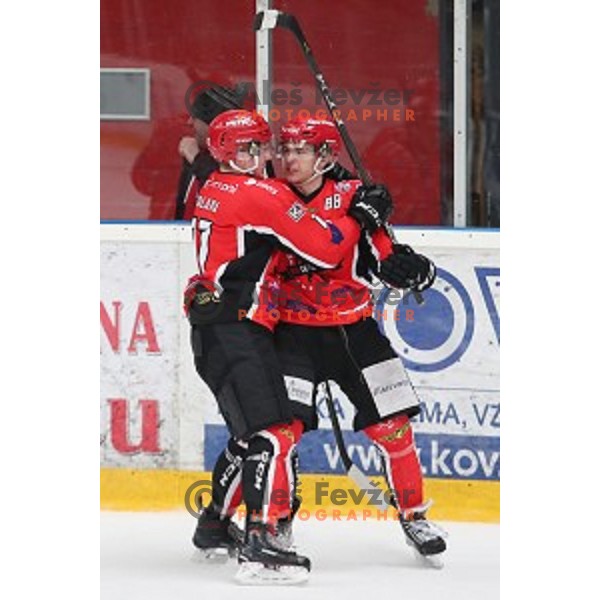 Luka Kalan and Jaka Sodja of SIJ Acroni Jesenice during Alps League ice-hockey match between SIJ Acroni Jesenice and SZ Olimpija in Podmezakla Hall, Jesenice, Slovenia on December 30, 2017