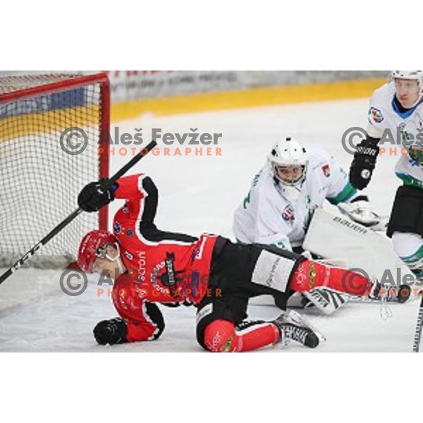 Ziga Urukalo and Nik Grahut, Robert Kristan of SZ Olimpija during Alps League ice-hockey match between SIJ Acroni Jesenice and SZ Olimpija in Podmezakla Hall, Jesenice, Slovenia on December 30, 2017