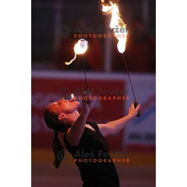 Katja Kobentar performs fire and flame during Alps League ice-hockey match between SIJ Acroni Jesenice and SZ Olimpija in Podmezakla Hall, Jesenice, Slovenia on December 30, 2017