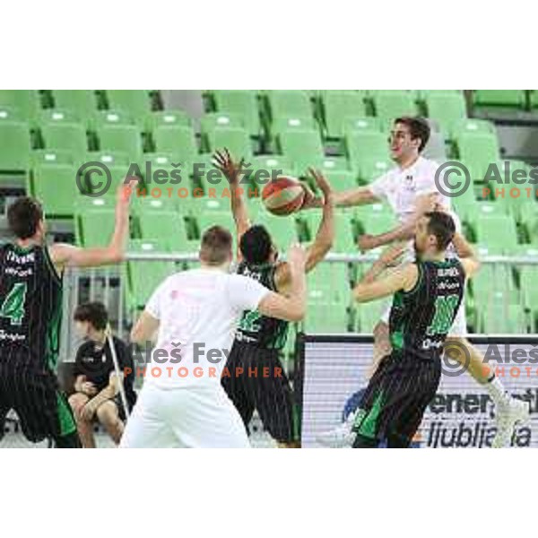 of Petrol Olimpija in action during ABA league basketball match between Petrol Olimpija and Mega Bemax in SRC Stozice, Ljubljana on January 5, 2018