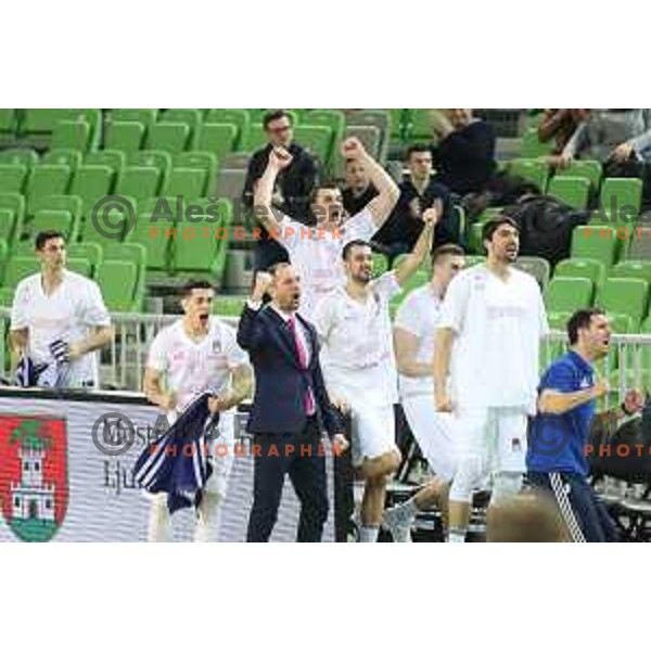 Players of Mega bamax celebrate victory during ABA league basketball match between Petrol Olimpija and Mega Bemax in SRC Stozice, Ljubljana on January 5, 2018