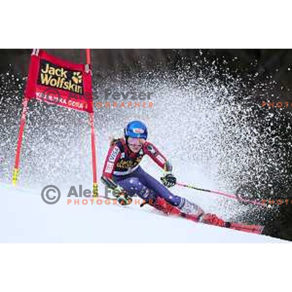 Mikaela Shiffrin (USA) skiing in the first run of 54. Golden Fox- Zlata lisica AUDI FIS Ski World Cup giant slalom in Kranjska gora, Slovenia on January 6, 2018