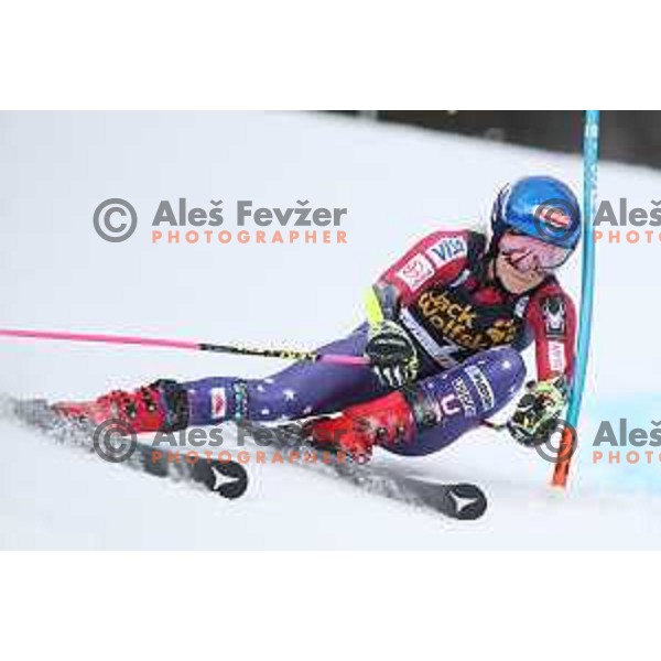 Mikaela Shiffrin (USA) skiing in the first run of 54. Golden Fox- Zlata lisica AUDI FIS Ski World Cup giant slalom in Kranjska gora, Slovenia on January 6, 2018
