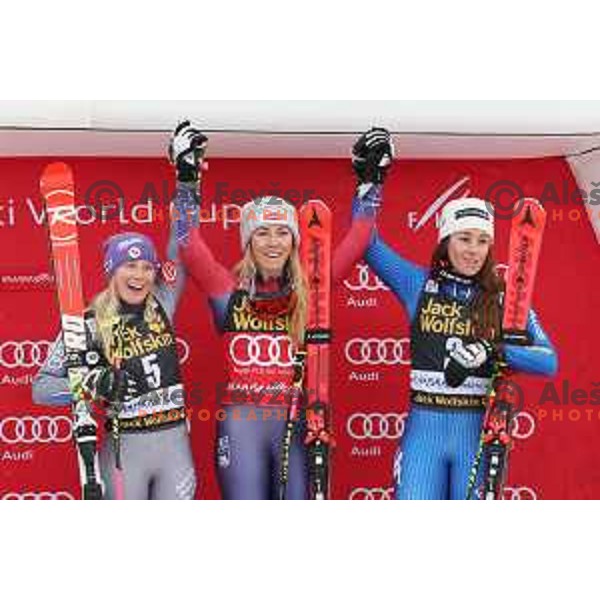 Tessa Worley (FRA), Mikaela Shiffrin (USA) and Sofia Goggia (ITA) at podium of 54. Golden Fox- Zlata lisica AUDI FIS Ski World Cup giant slalom in Kranjska gora, Slovenia on January 6, 2018