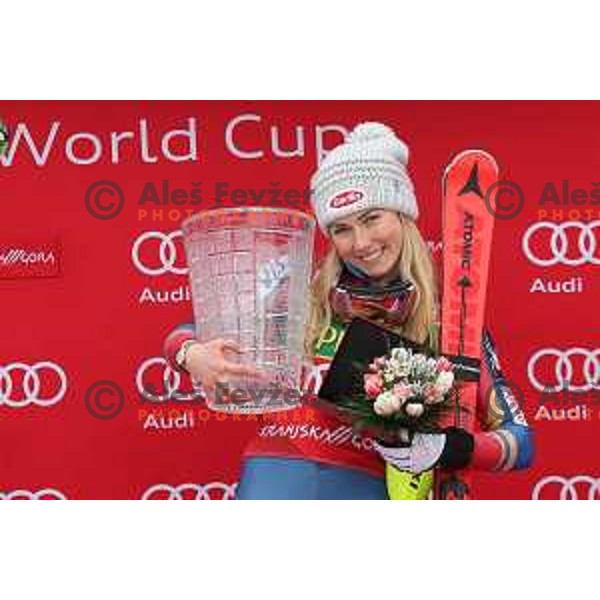 Mikaela Shiffrin (USA) winner of 54. Golden Fox- Zlata lisica AUDI FIS Ski World Cup slalom in Kranjska gora, Slovenia on January 7, 2018 and Diamnod Golden Fox Trophy