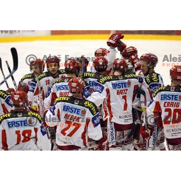 KAC players celebrate victory at ice-hockey game Acroni Jesenice-KAC in Ebel league,played in Podmezakla, Jesenice, Slovenia 18.12.2007.KAC won after penalty shot-out 2:1. Photo by Ales Fevzer 