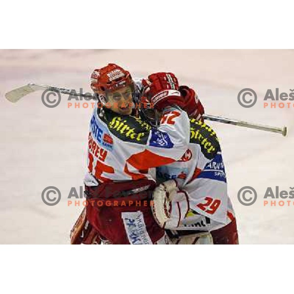 Furey celebrate victory at ice-hockey game Acroni Jesenice-KAC in Ebel league,played in Podmezakla, Jesenice, Slovenia 18.12.2007.KAC won after penalty shot-out 2:1. Photo by Ales Fevzer 