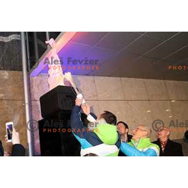Tomaz Razingar and Slovenia Olympic team lights up Olympic flame in Ljubljana, Slovenia on January 9, 2018