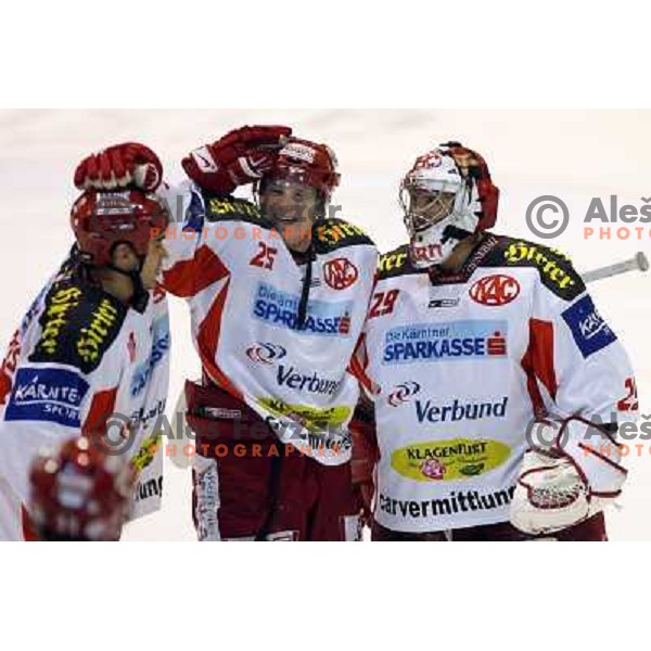 Kac celebration at ice-hockey game Acroni Jesenice-KAC in Ebel league,played in Podmezakla, Jesenice, Slovenia 18.12.2007.KAC won after penalty shot-out 2:1. Photo by Ales Fevzer 