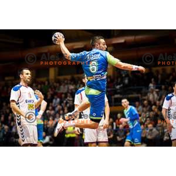 Gasper Marguc of team Slovenia in action during friendly handball match between Slovenia and Serbia, played in Osnovna Sola 3, Murska Sobota, Slovenia on January 9, 2018