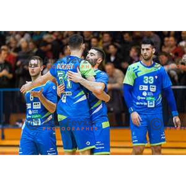 Borut Mackovsek and other players of team Slovenia celebrating during friendly handball match between Slovenia and Serbia, played in Osnovna Sola 3, Murska Sobota, Slovenia on January 9, 2018