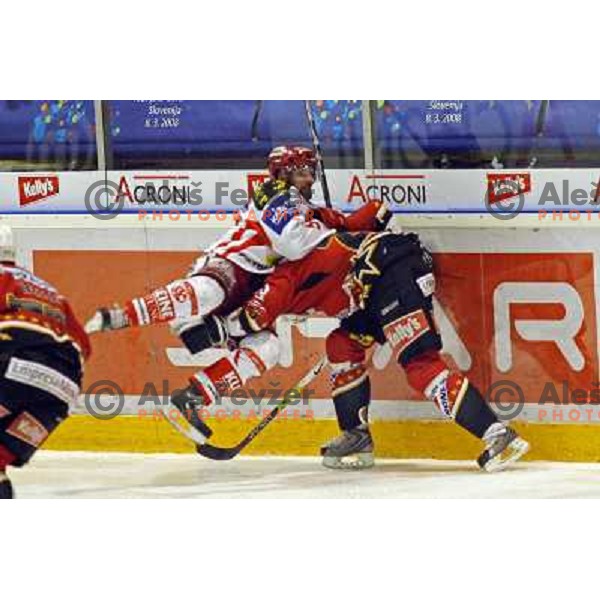 action at ice-hockey game Acroni Jesenice-KAC in Ebel league,played in Podmezakla, Jesenice, Slovenia 18.12.2007.KAC won after penalty shot-out 2:1. Photo by Ales Fevzer 