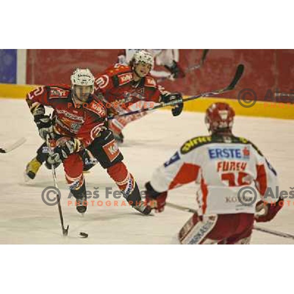Golicic and Poloncic at ice-hockey game Acroni Jesenice-KAC in Ebel league,played in Podmezakla, Jesenice, Slovenia 18.12.2007.KAC won after penalty shot-out 2:1. Photo by Ales Fevzer 