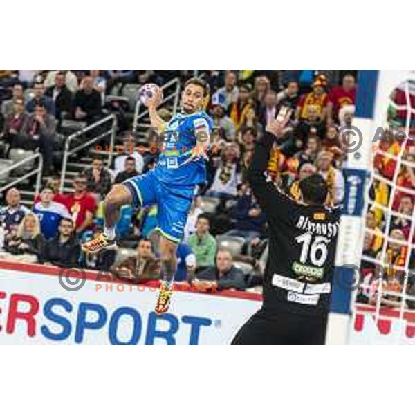 in action EHF European Championship match between Macedonia and Slovenia, in Arena Zagreb, Zagreb, on January 13, 2018