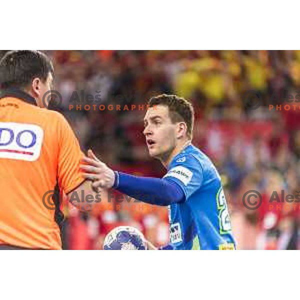 Slovenia’s Miha Zarabec (23) in action EHF European Championship match between Macedonia and Slovenia, in Arena Zagreb, Zagreb, on January 13, 2018 
